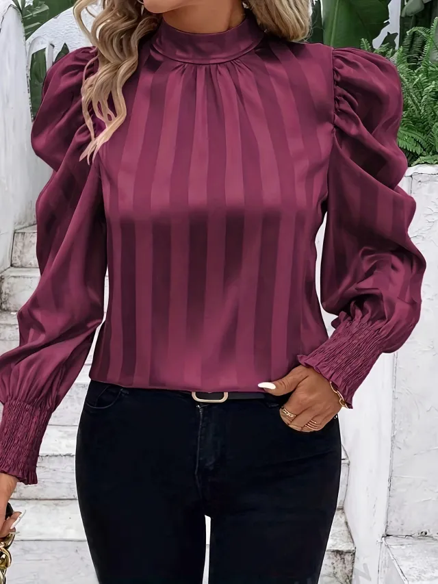 Solid Color Stand up Collar Long Sleeve Shirt Women Wine Red - Shop at LoveMi