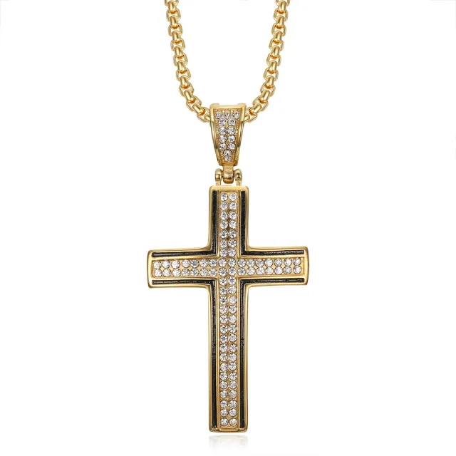 HIPHOP Stainless Steel Gold Plated Full Diamond Necklace Gold Single Pendant - Shop at LoveMi