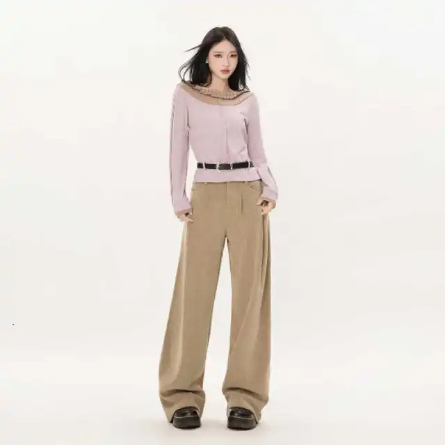 Autumn And Winter College Style Straight leg Pants Corduroy Wide leg Pants Champagne Gold Trousers - Shop at LoveMi