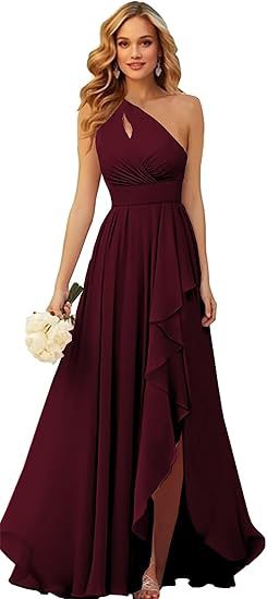 Women's Solid Color Versatile Split Lace up Long Chiffon Dress Wine - Shop at LoveMi