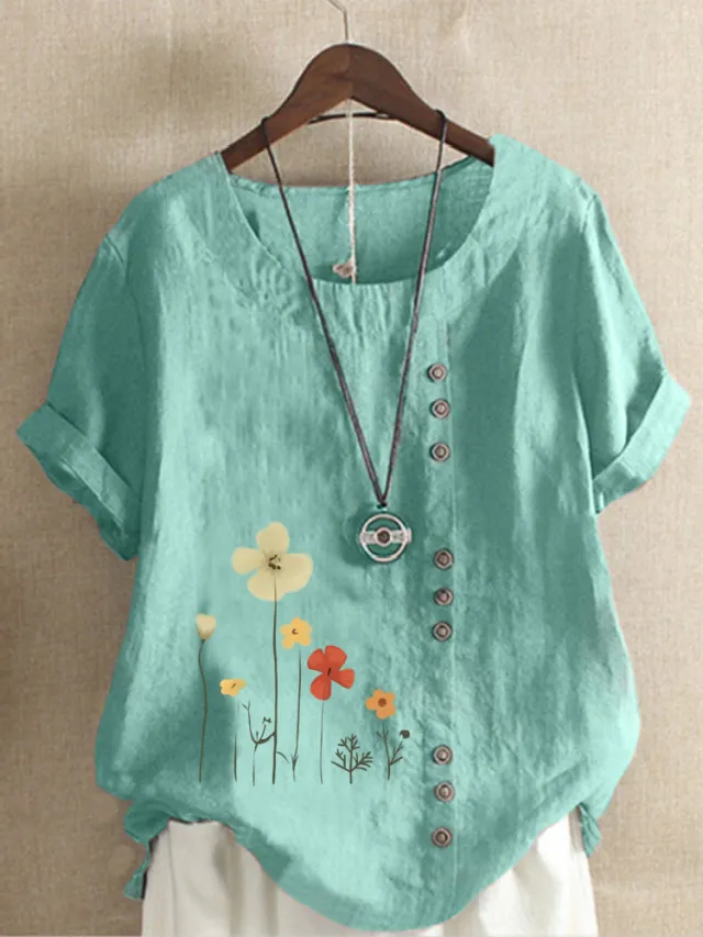 Cotton And Linen Printed Elegant Short Sleeve T shirt Top Women Lake Blue - Shop at LoveMi