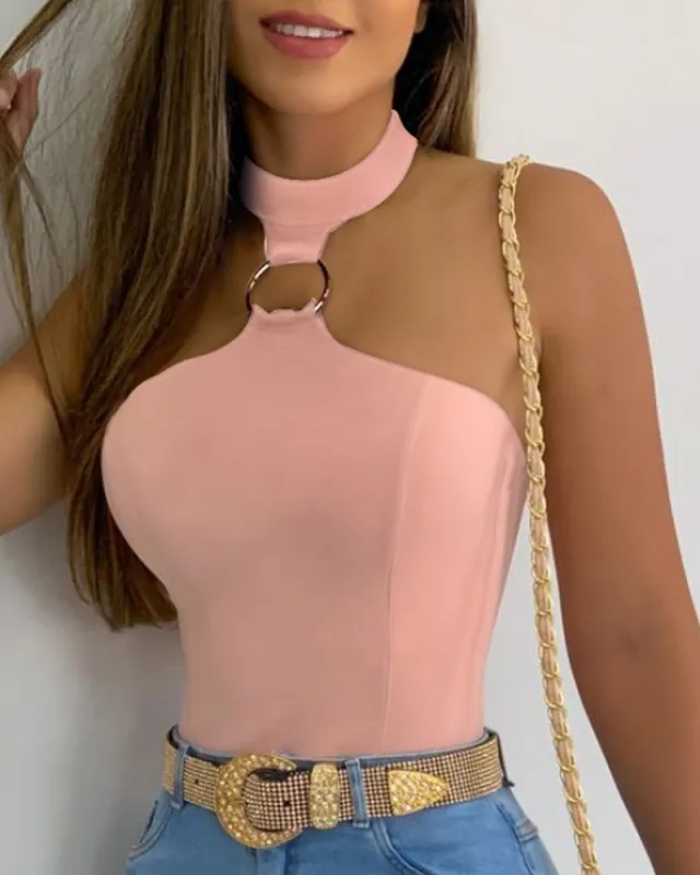 Women's Stand Collar Halter Sleeveless Top Tan - Shop at LoveMi
