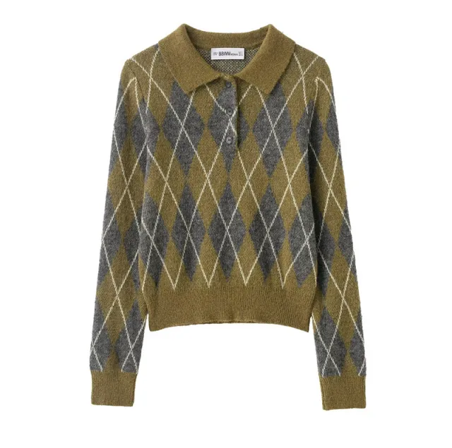 Women's Notched Lapel Long sleeve Buttoned Diamond patterned Knitted Sweater Picture Color M - Shop at LoveMi