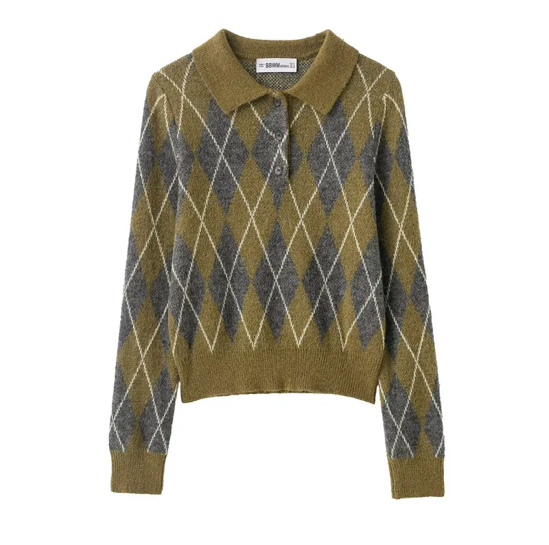 Women's Notched Lapel Long-sleeve Buttoned Diamond-patterned Knitted Sweater - Picture Color-M