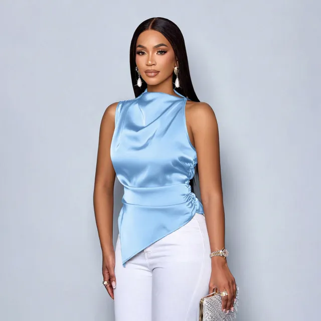 Summer Satin Shirt Women's Asymmetric Color Sky Blue - Shop at LoveMi