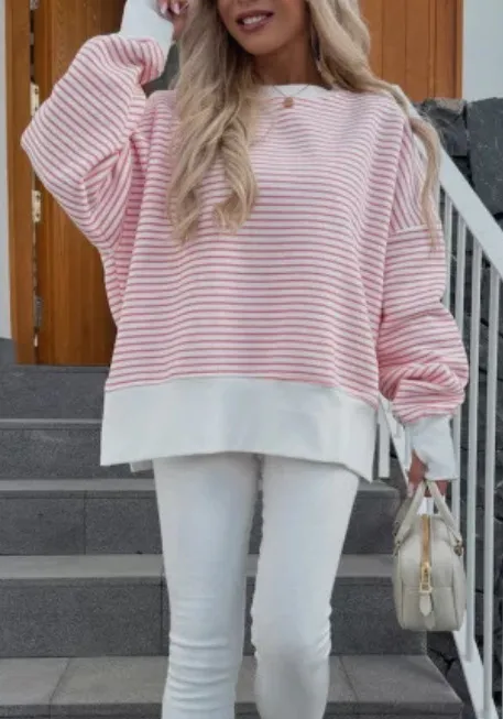 Casual Round Neck Striped Sweater White Plus Pink - Shop at LoveMi