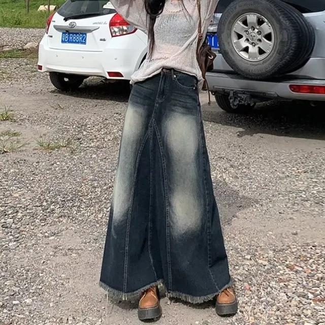 Retro High Waist Mid length Denim Skirt Blue Gray - Shop at LoveMi