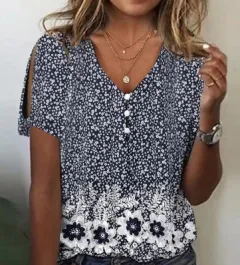 Flower Series 3D Printed V-neck Button T-shirt Top - Bmjxtx212-3Xl - View 1