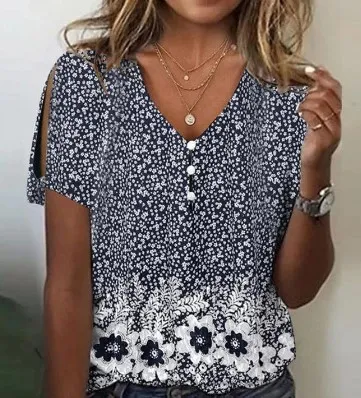 Flower Series 3D Printed V neck Button T shirt Top Bmjxtx212 2Xl - Shop at LoveMi