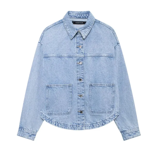 Women's Loose Casual Pocket Long Sleeve Denim Jacket Color 1 - Shop at LoveMi