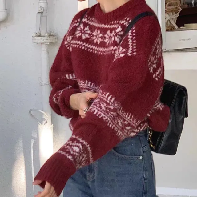 New Vintage Ethnic style Sweater For Womenloose fitting And Versatile For Fall And Winter Red - Shop at LoveMi