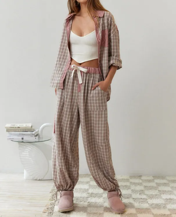 Autumn Women's Clothing Casual Homewear Plaid Shirt Outfit Pink - Shop at LoveMi