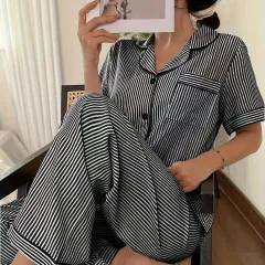 Womens Comfortable Striped Short-Sleeve Top And Pants Pyjama Set - Black - View 1