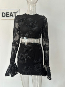Exquisite Embroidered Flowers Backless T shirt Skirt Suit Black - Shop at LoveMi