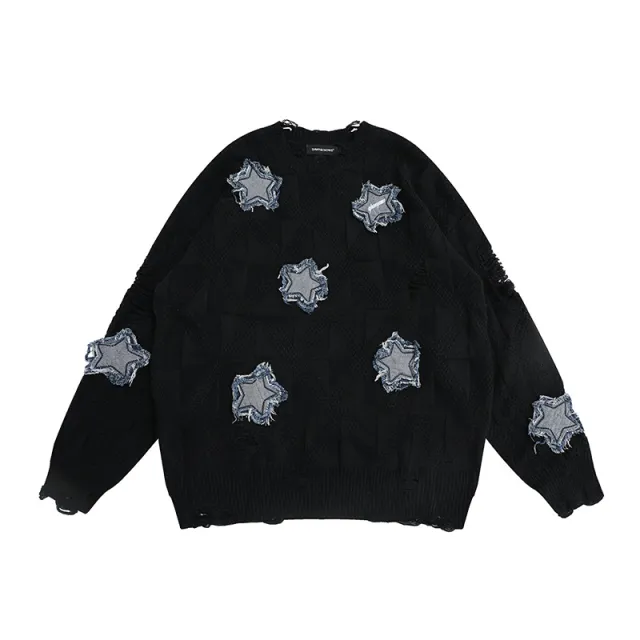 Street Ripped XINGX Patch Embroidered Sweater Soft Glutinous Round Neck Loose Sweater Black - Shop at LoveMi