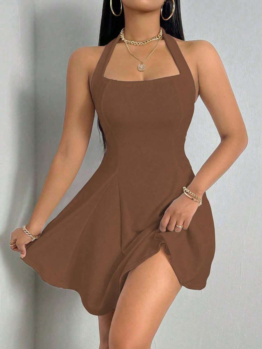 Pure Color Halter Backless Sleeveless Dress Brown - Shop at LoveMi