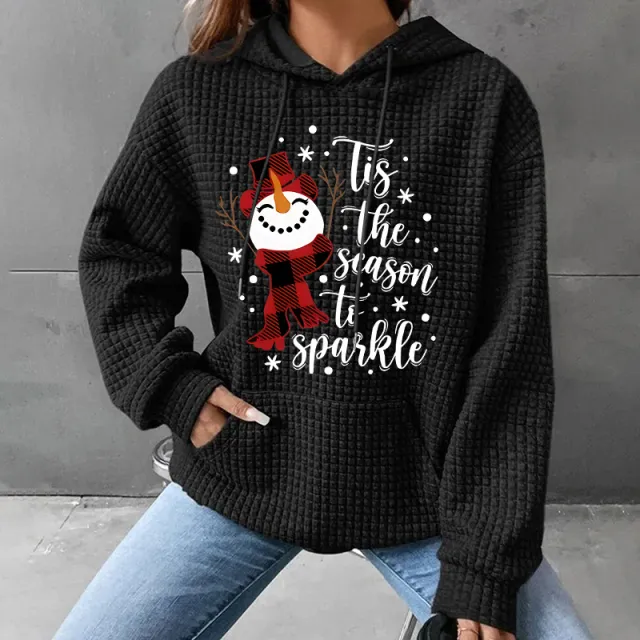 Women's Waffle Long Sleeve Snowman Print Fashion Loose Sweater Black - Shop at LoveMi
