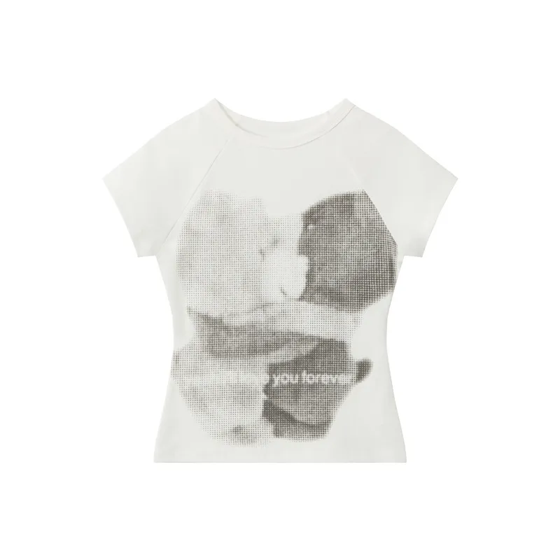 American Raglan Sleeve Bear Printed Slim-fit Short Sleeve - White