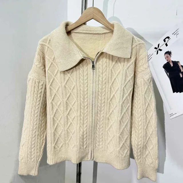 Women's Korean style Lapel Cable knit Sweater Coat Apricot - Shop at LoveMi