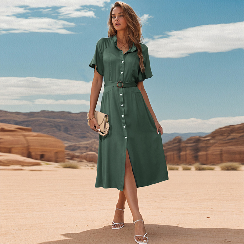Green European And American Style Dress Single Breasted