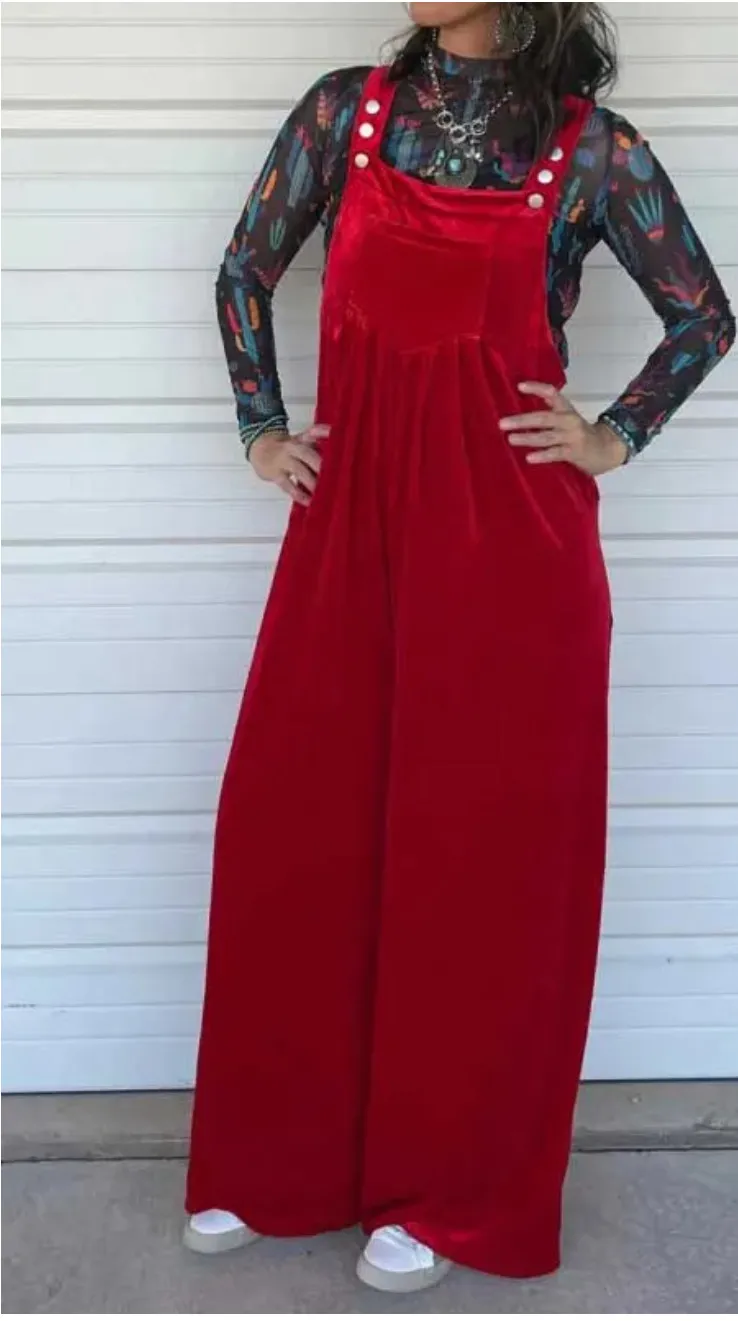 European And American Fashion Solid Color Suspender Pants - Red