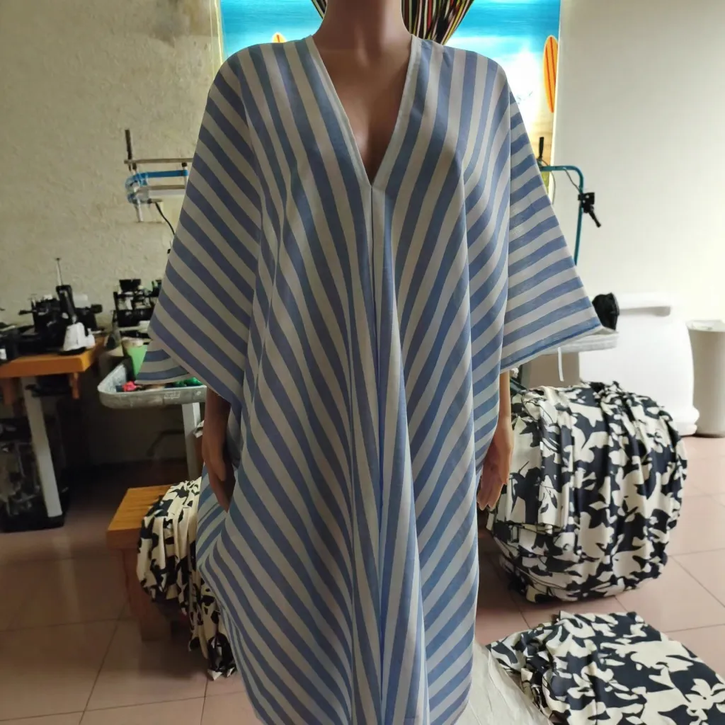 Casual V-neck Striped Long Dress For Women - Light Blue