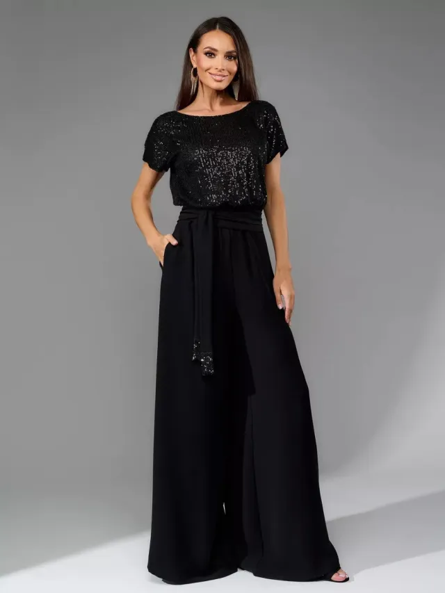 European And American One piece Sequin Fashion Short Sleeve Casual Jumpsuit Trousers Black - Shop at LoveMi
