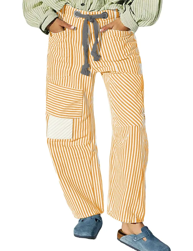 Fashion Commuter Casual Loose Wide Leg Striped Stitching Drawstring Pocket Trousers Yellow - Shop at LoveMi