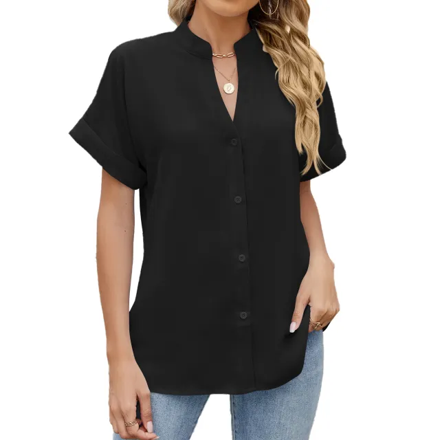Solid Color And V neck Loose Short Sleeve Button Shirt Chiffon Shirt Black - Shop at LoveMi