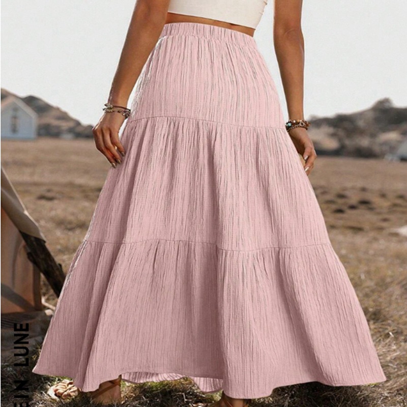 Elastic Waist Comfort Womens Long Tiered Striped Skirt