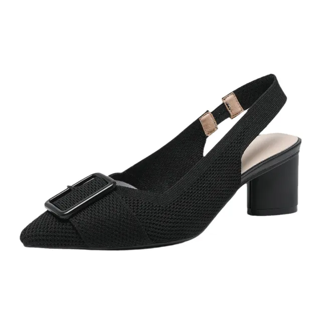 Pointed Toe Shallow Mouth Knitted Hollow Breathable Buckle Chunky Heel High Heel Sandals Black - Shop at LoveMi