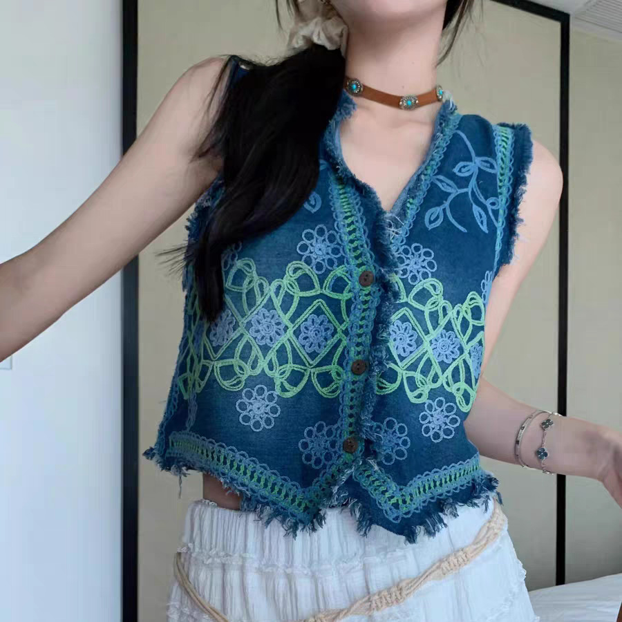 All-matching Short Loose Machine Embroidery Denim Waistcoat Vest Women