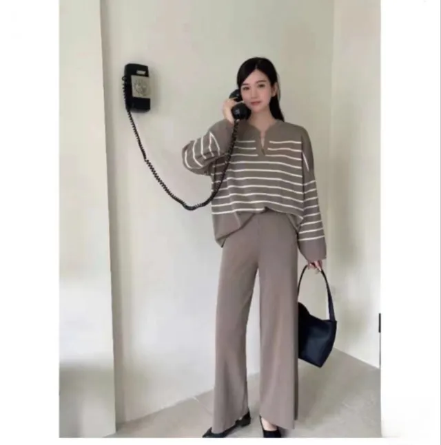 Casual High Waist Drooping Knitted Wide leg Pants Coffee - Shop at LoveMi