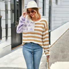 Plus Size Women's Loose Striped Sweater Long Sleeve Color Matching Round Neck Sweater - Khaki - View 1