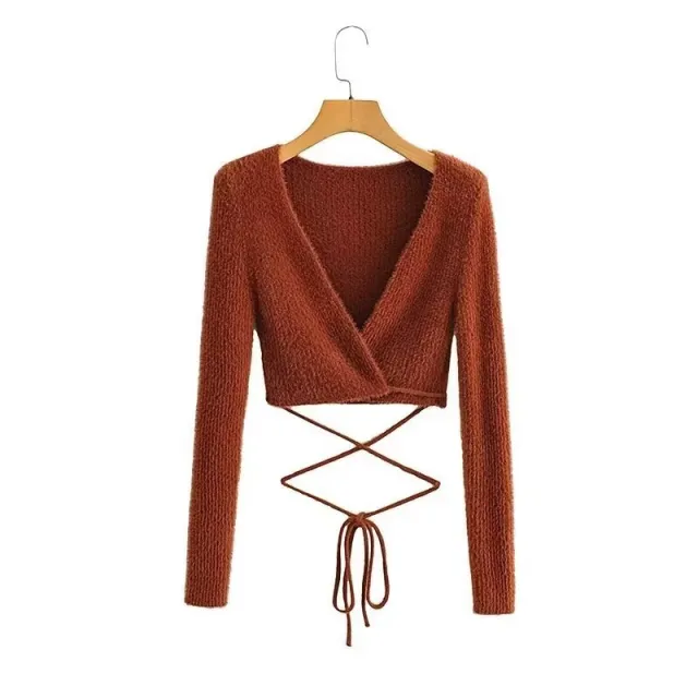 Women's Fashion Long Sleeve Knit Top With Thin Straps Brown - Shop at LoveMi
