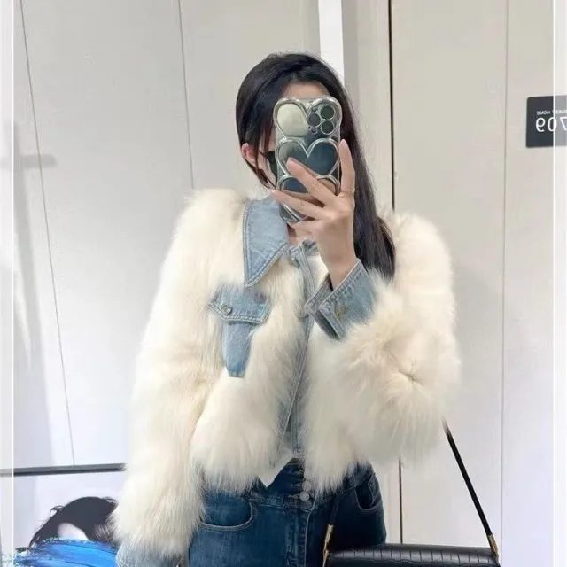 Womens Denim Patchwork Faux Fur Short Coat White - Shop at LoveMi
