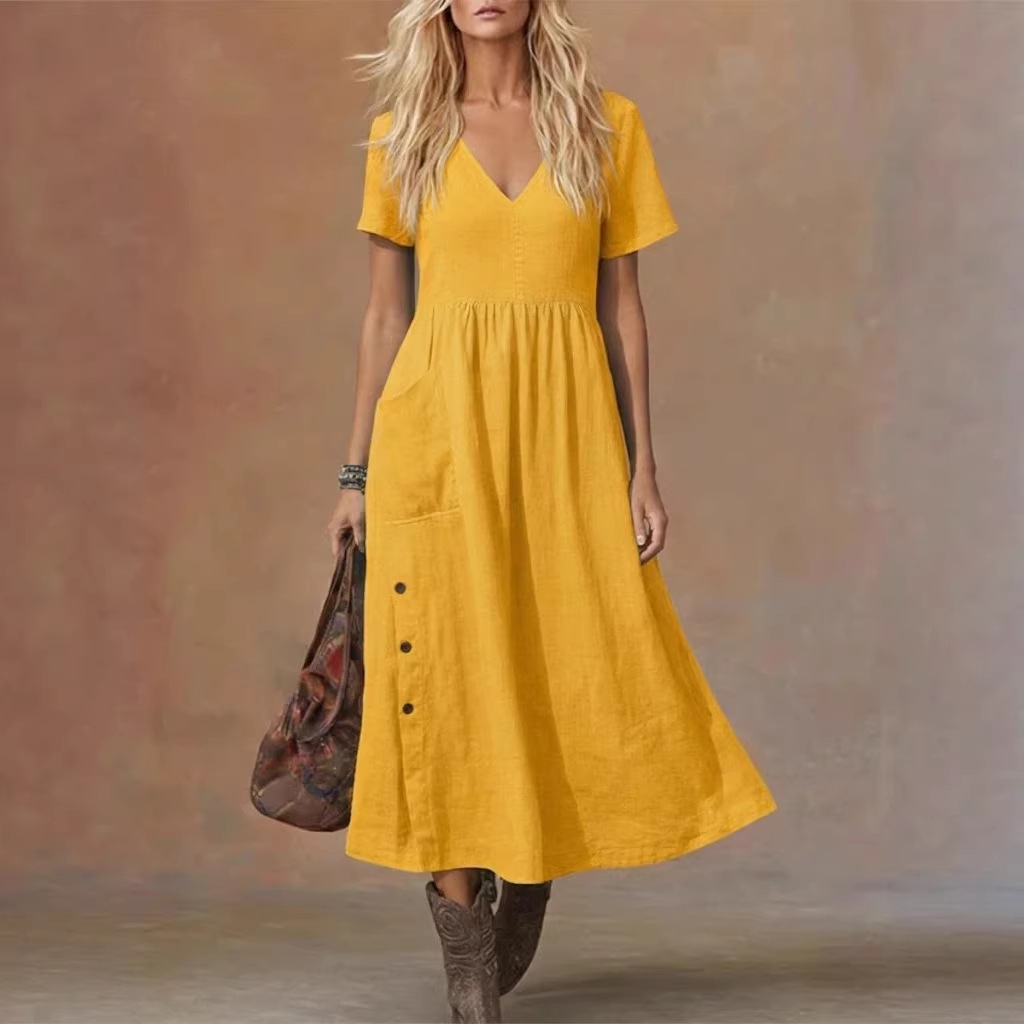 Women's V-neck Short-sleeve Pocketed Loose-fitting Fashionable Dress