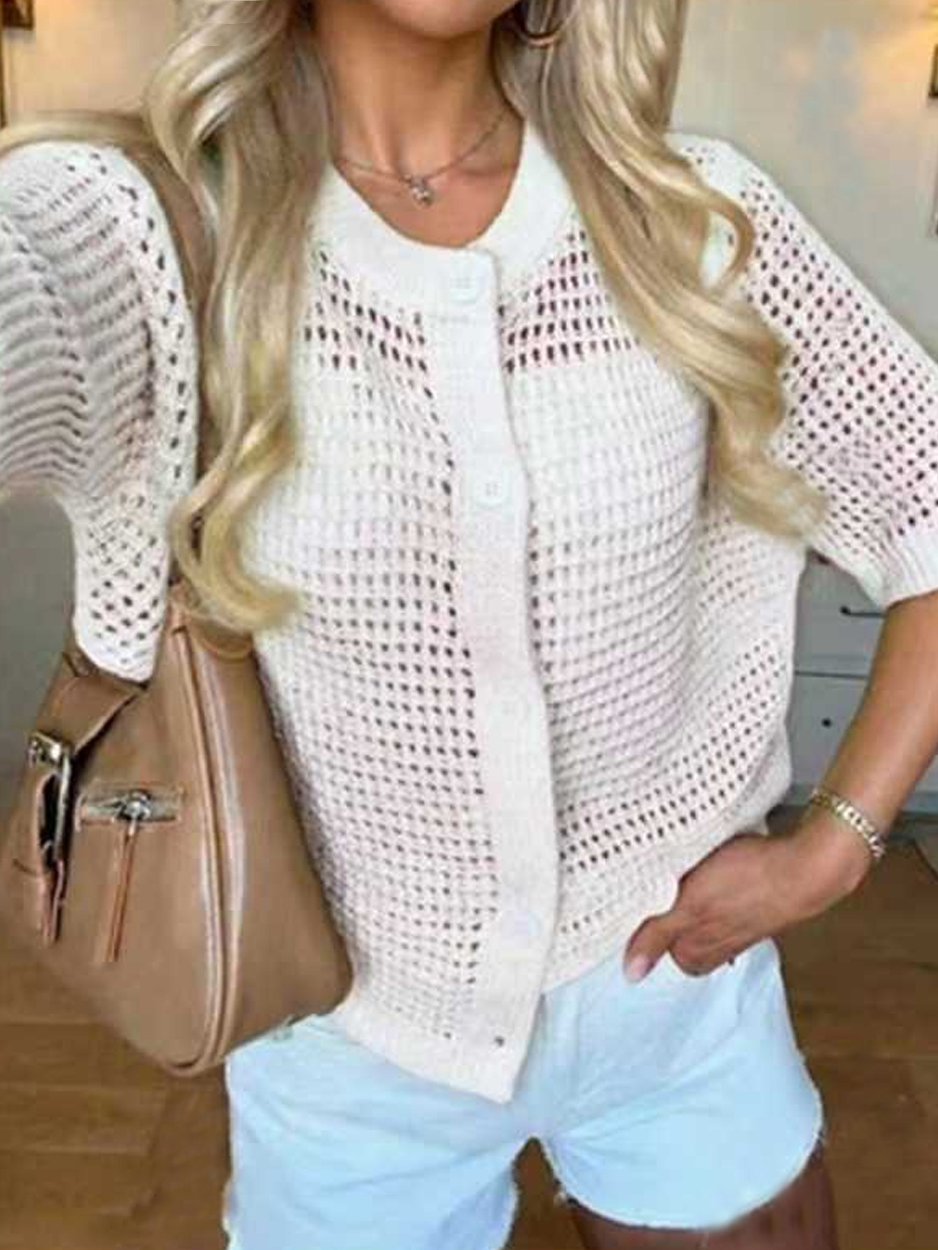 Women's hollow-out knit open-front cardigan in white – short sleeve elegant casual