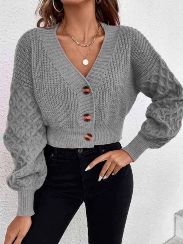 Solid Color Design Drop shoulder Sleeve Knitted Cardigan Gray - Shop at LoveMi
