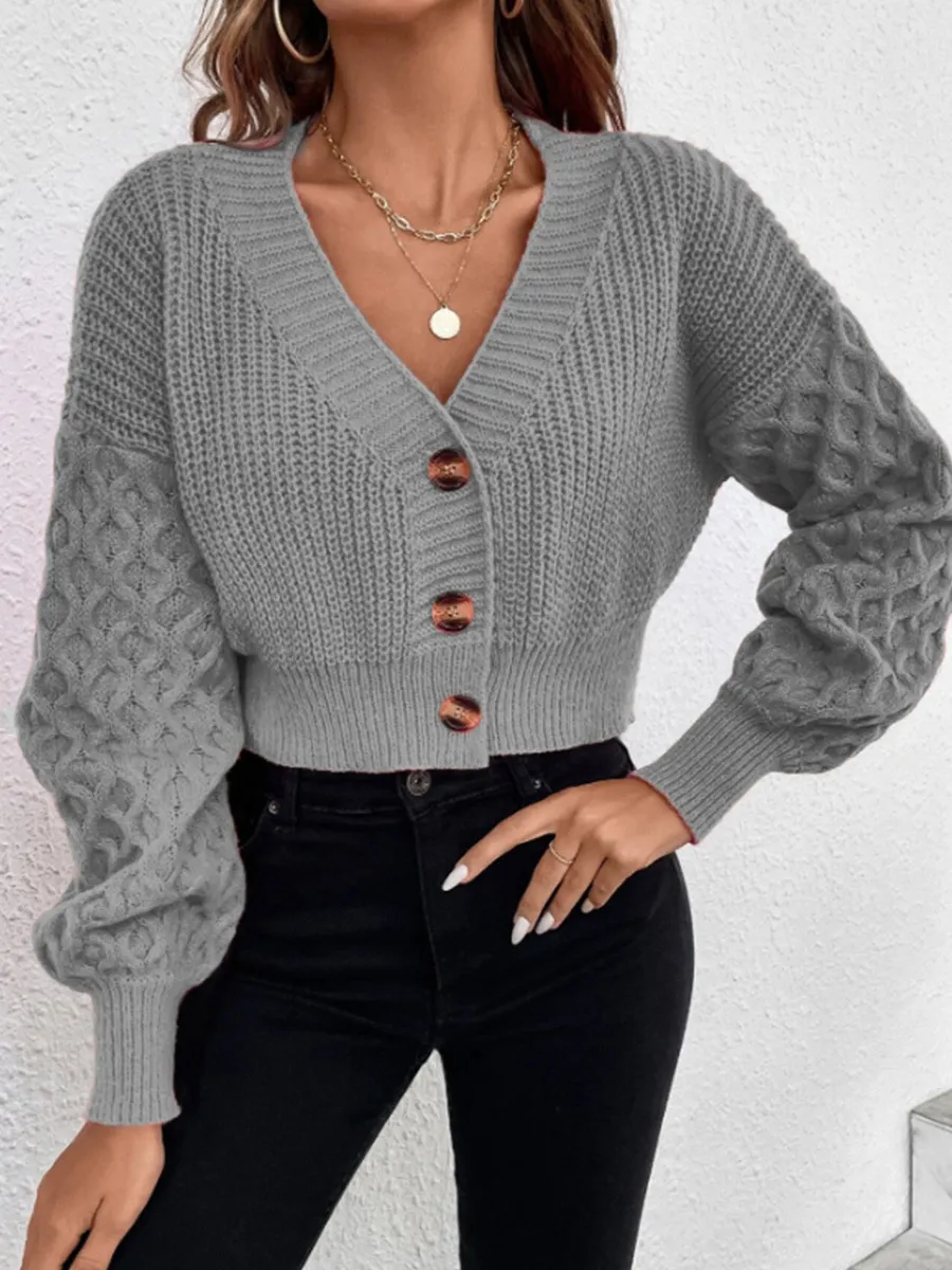 Solid Color Design Drop-shoulder Sleeve Knitted Cardigan - Gray