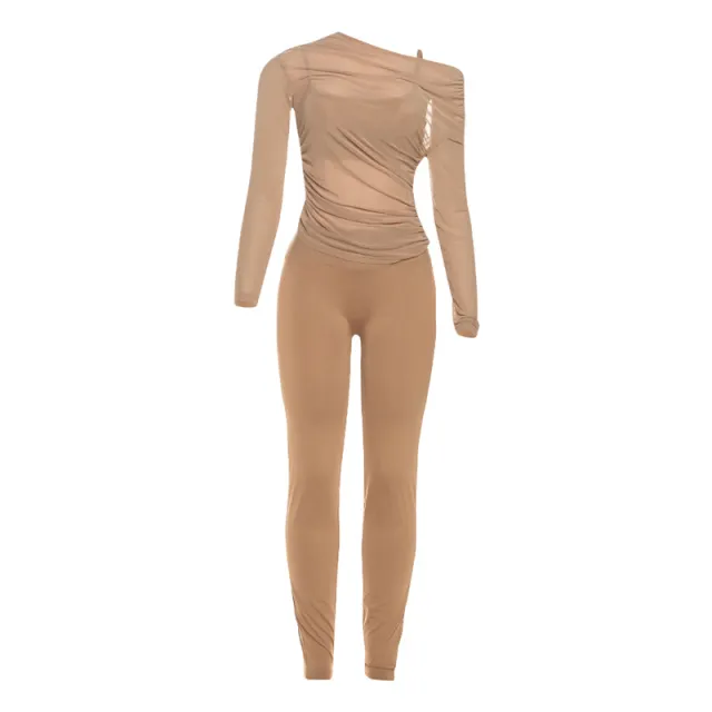 Women's Sexy Sheer Top, Spaghetti Strap Vest And High waisted Slim Pants Three piece Set Khaki - Shop at LoveMi