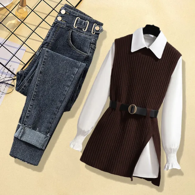 Women's Knitted Vest Shirt Jeans Three piece Set Coffee Blue Pants 3Pcs Set - Shop at LoveMi