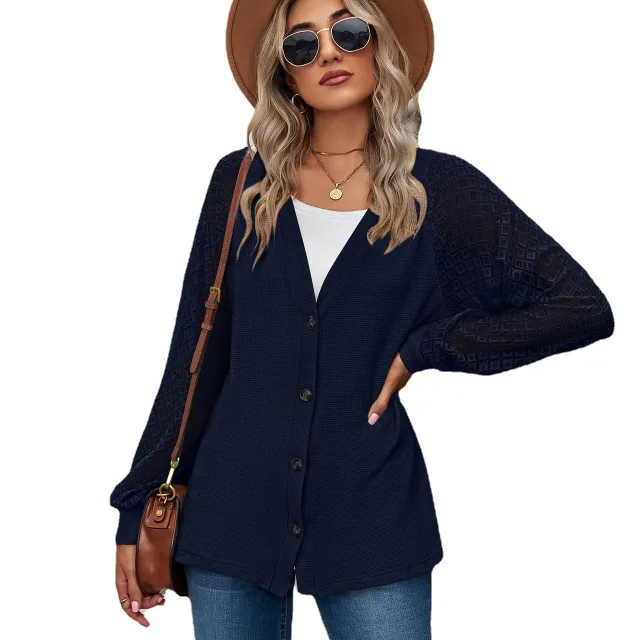 European And American Autumn And Winter Long Sleeve Solid Color Loose Button Lace Stitching Cardigan Top Women Navy - Shop at LoveMi