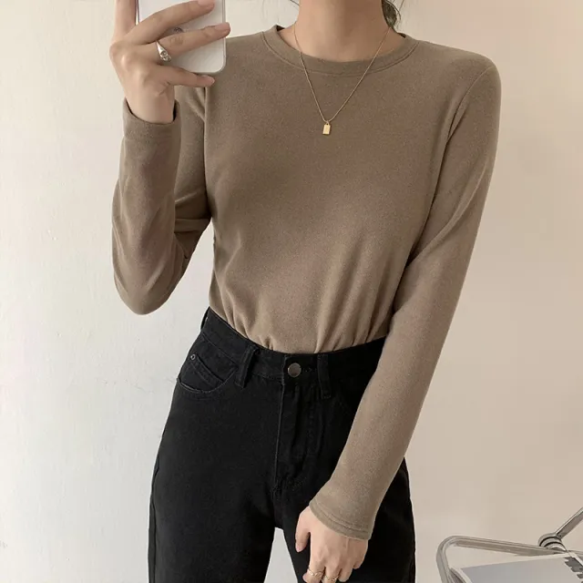 Double sided Dralon Bottoming Shirt Women's Underwear Crew Neck Long sleeved T shirt Brown - Shop at LoveMi