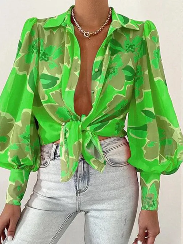 Women's Summer Printed Lantern Sleeve Fashion Shirt Emerald Green Flowers - Shop at LoveMi