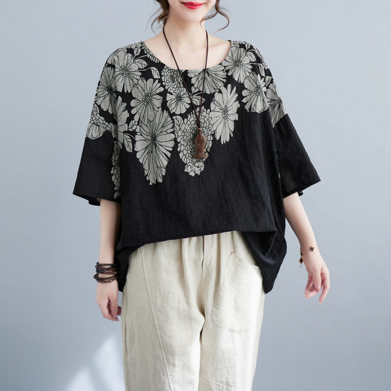 Women's Fashionable Temperament Batwing Shirt Round Neck Short Sleeve Black - Shop at LoveMi
