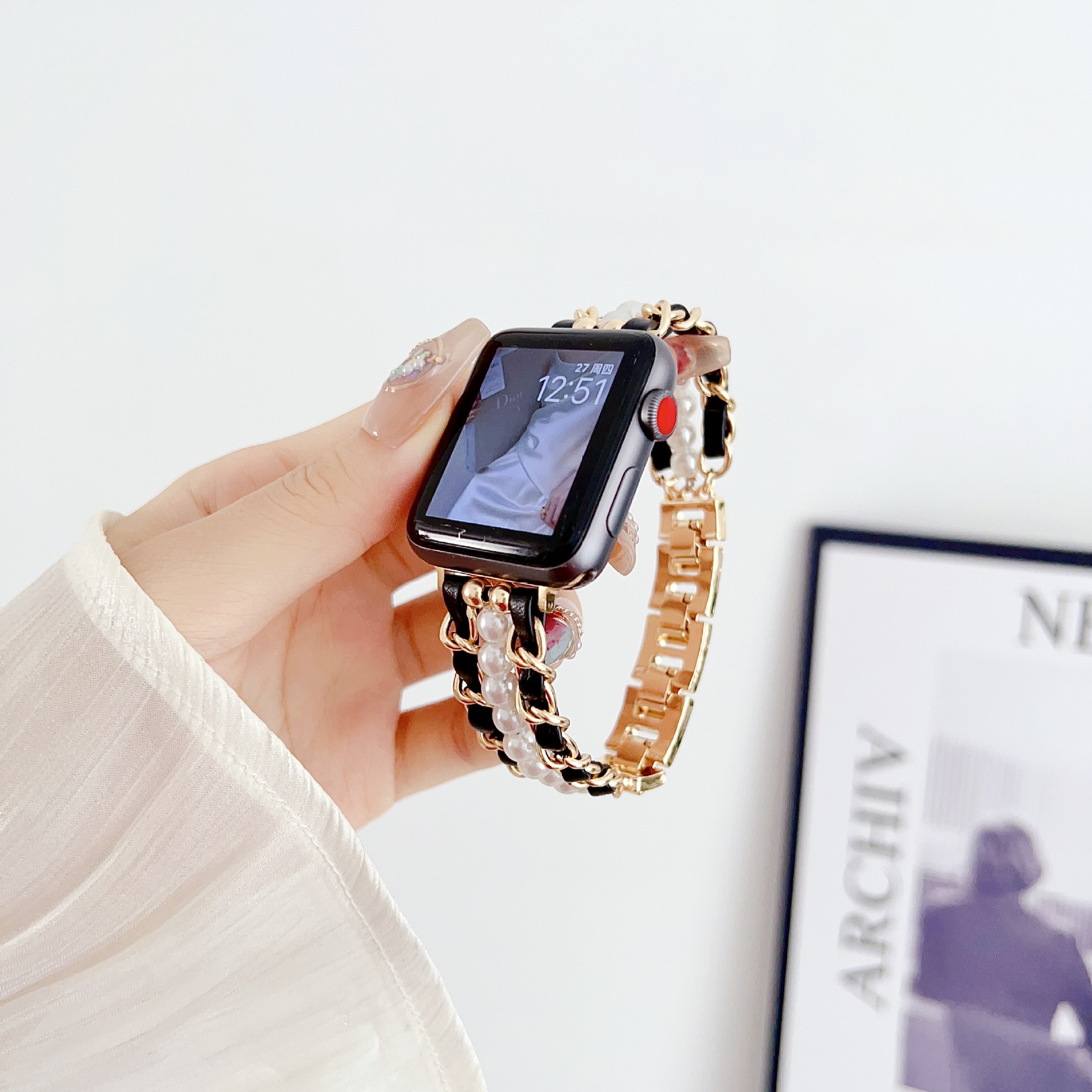 Intelligent Sports Metal Beads Leather Watch Strap