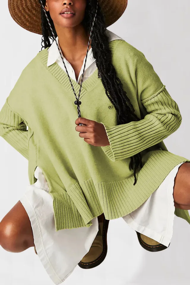 V neck Irregular Splicing Pullover Loose fitting Women's Yellow Green - Shop at LoveMi