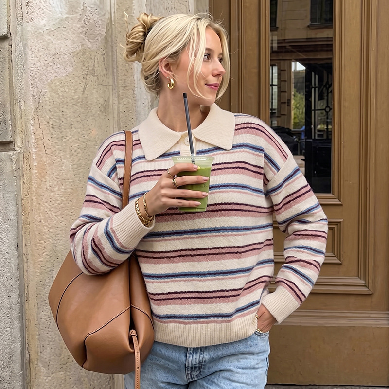 Winter New Arrival Striped Polo-Neck Knit Sweater