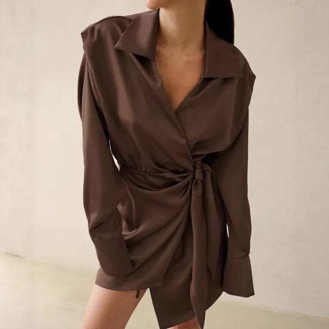 Women's Slim fit Long Sleeve Short Dress Brown - Shop at LoveMi